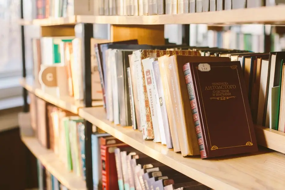 Tumpukan buku bekas di rak kayu sederhana dengan latar jendela